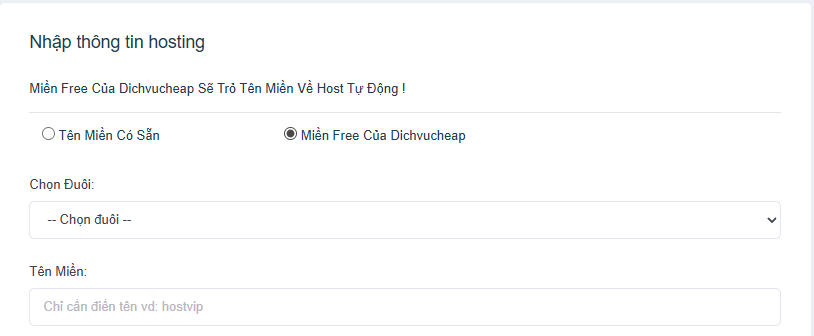 Giao diện chọn tên miền miễn phí khi thanh toán hosting tại Dichvucheap
