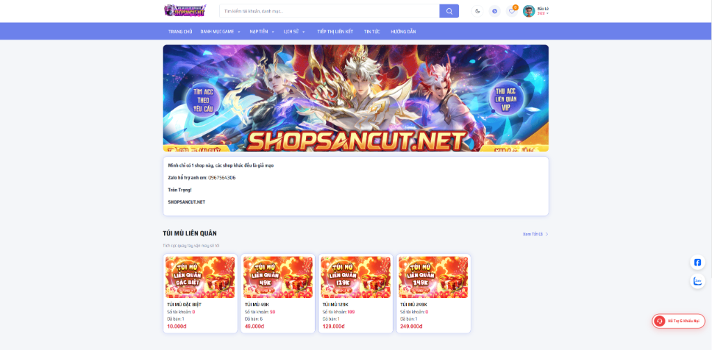 Hệ thống shop bán tài khoản game (Liên Quân, Free Fire, Roblox...), bán Robux tự động, nạp thẻ cào tự động, ATM/Momo QR Code, vòng quay may mắn, rút vật phẩm và bảng điều khiển quản trị Admin chuyên nghiệp.